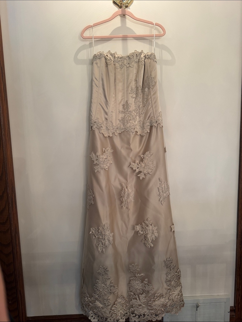 Jovani Strapless Beige Lace Appliqué Gown